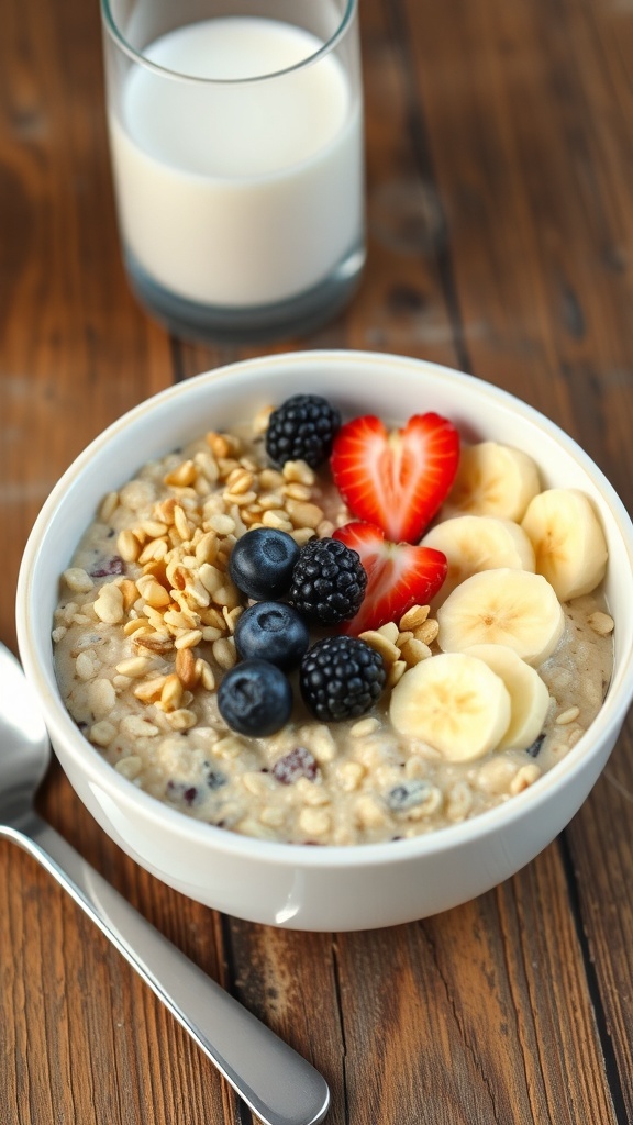 A nutritious breakfast bowl with oat and quinoa topped with berries and nuts on a wooden table.